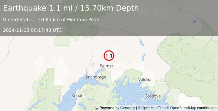 Earthquake 21 km NNW of Sutton-Alpine, Alaska (1.1 ml) (2024-11-13 06:17:48 UTC)