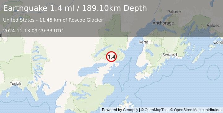 Earthquake 41 km NE of Pedro Bay, Alaska (1.4 ml) (2024-11-13 09:29:33 UTC)