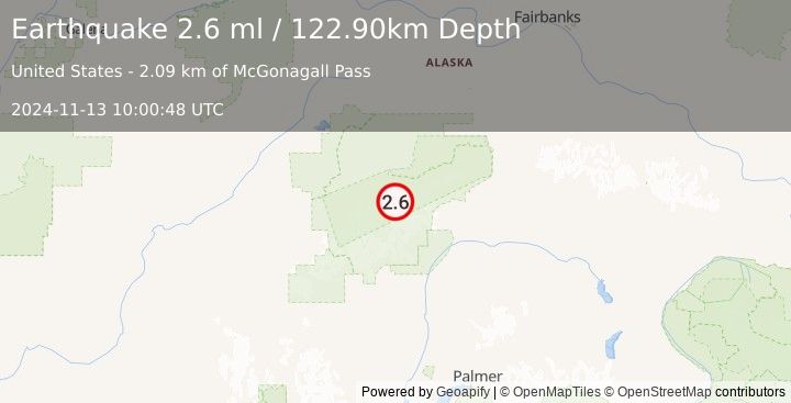 Earthquake 60 km SE of Denali National Park, Alaska (2.6 ml) (2024-11-13 10:00:48 UTC)