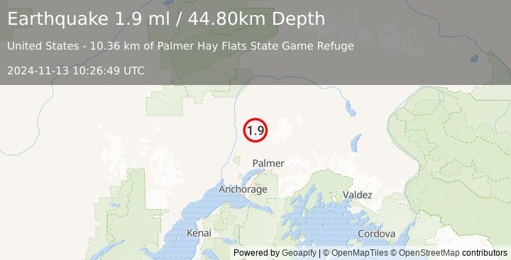 Earthquake 19 km ESE of Susitna North, Alaska (1.9 ml) (2024-11-13 10:26:49 UTC)