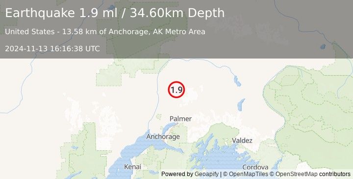 Earthquake 29 km ENE of Susitna North, Alaska (1.9 ml) (2024-11-13 16:16:38 UTC)