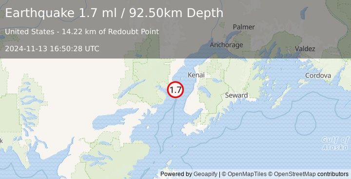 Earthquake 34 km NW of Ninilchik, Alaska (1.7 ml) (2024-11-13 16:50:28 UTC)