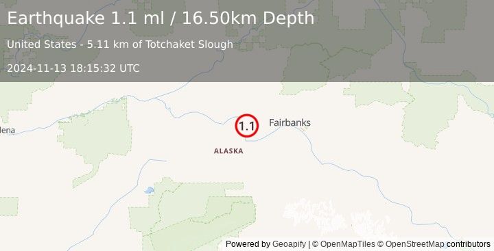 Earthquake 21 km N of Four Mile Road, Alaska (1.1 ml) (2024-11-13 18:15:32 UTC)