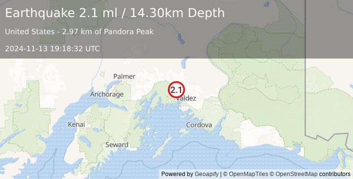 Earthquake 30 km NW of Valdez, Alaska (2.1 ml) (2024-11-13 19:18:32 UTC)