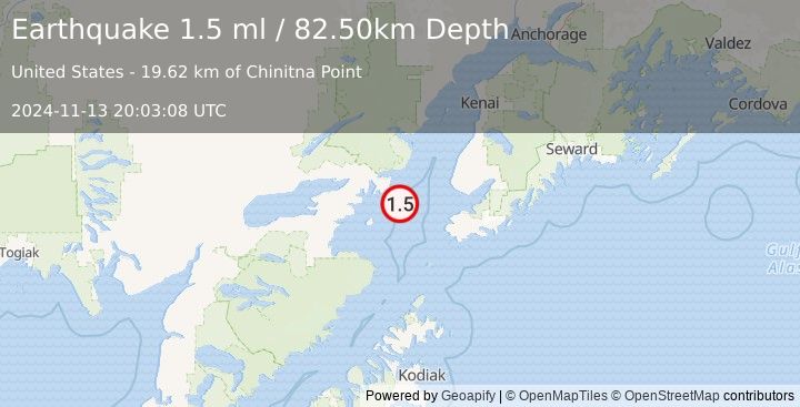 Earthquake 56 km WNW of Nanwalek, Alaska (1.5 ml) (2024-11-13 20:03:08 UTC)