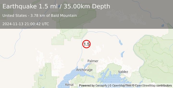 Earthquake 20 km NNE of Susitna North, Alaska (1.5 ml) (2024-11-13 21:00:42 UTC)