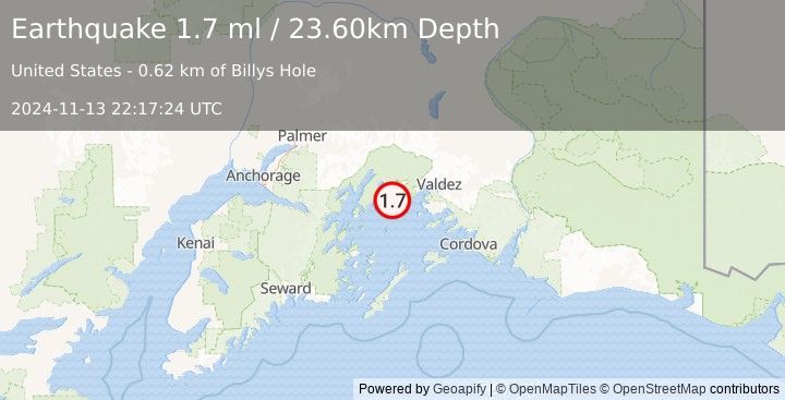 Earthquake 35 km WNW of Tatitlek, Alaska (1.7 ml) (2024-11-13 22:17:24 UTC)