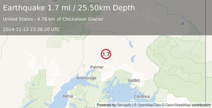 Earthquake 29 km N of Chickaloon, Alaska (1.7 ml) (2024-11-13 23:36:20 UTC)