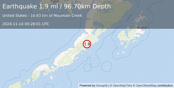 Earthquake 59 km S of Ugashik, Alaska (1.9 ml) (2024-11-14 00:28:01 UTC)