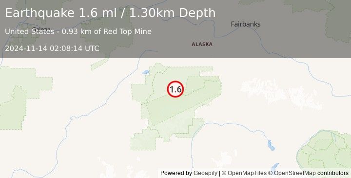 Earthquake 42 km E of Denali National Park, Alaska (1.6 ml) (2024-11-14 02:08:14 UTC)