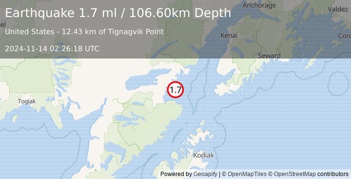 Earthquake 53 km ESE of Pope-Vannoy Landing, Alaska (1.7 ml) (2024-11-14 02:26:18 UTC)