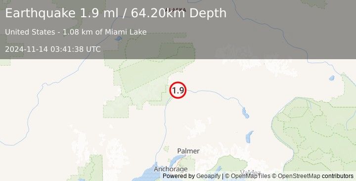 Earthquake 52 km NNE of Chase, Alaska (1.9 ml) (2024-11-14 03:41:38 UTC)