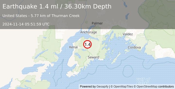 Earthquake 21 km NNW of Cooper Landing, Alaska (1.4 ml) (2024-11-14 05:51:59 UTC)