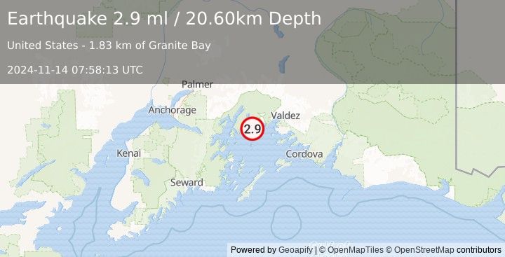 Earthquake 38 km W of Tatitlek, Alaska (2.9 ml) (2024-11-14 07:58:13 UTC)