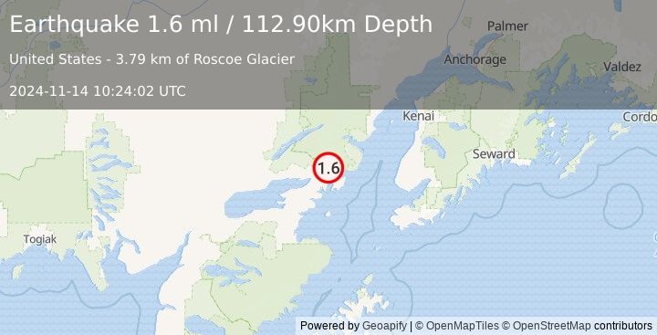 Earthquake 41 km ENE of Pedro Bay, Alaska (1.6 ml) (2024-11-14 10:24:02 UTC)