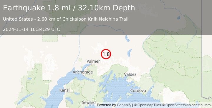 Earthquake 17 km ENE of Chickaloon, Alaska (1.8 ml) (2024-11-14 10:34:29 UTC)