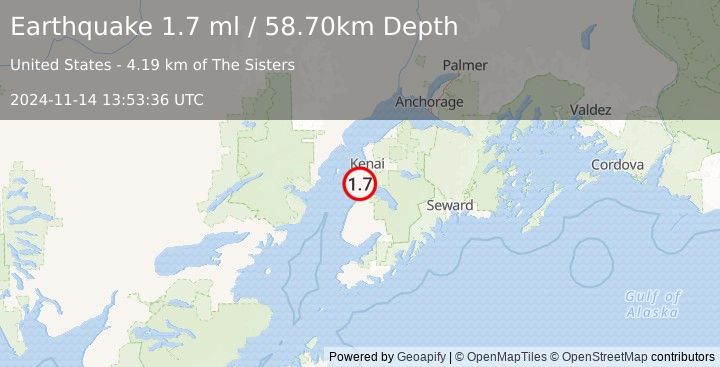 Earthquake 7 km WSW of Cohoe, Alaska (1.7 ml) (2024-11-14 13:53:36 UTC)