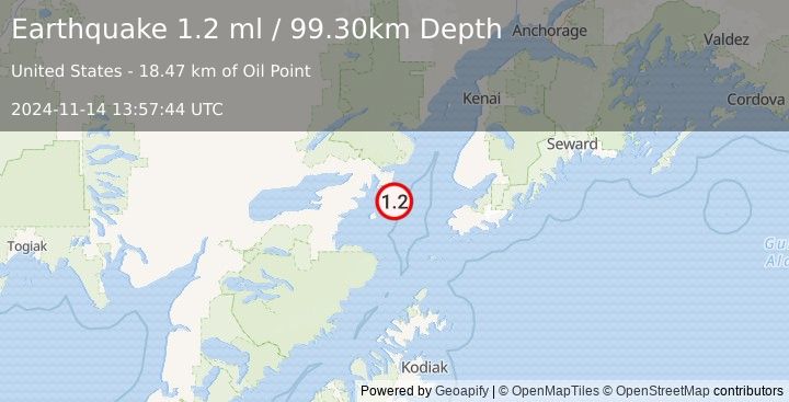 Earthquake 64 km WNW of Nanwalek, Alaska (1.2 ml) (2024-11-14 13:57:44 UTC)