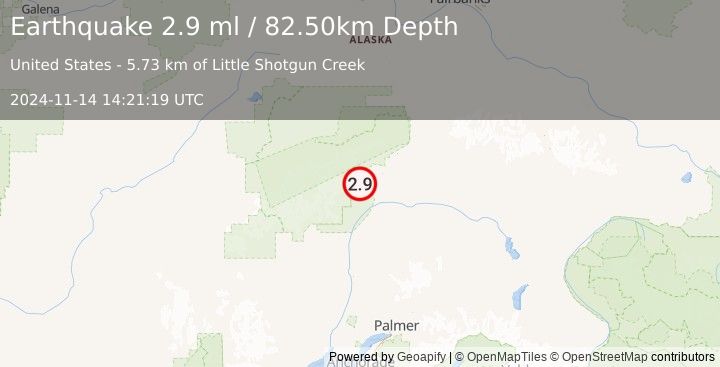 Earthquake 61 km SW of Cantwell, Alaska (2.9 ml) (2024-11-14 14:21:19 UTC)