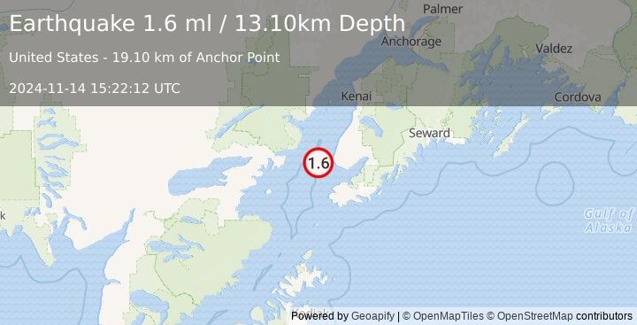 Earthquake 21 km WSW of Anchor Point, Alaska (1.6 ml) (2024-11-14 15:22:12 UTC)