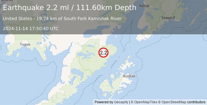 Earthquake 81 km SSE of Kokhanok, Alaska (2.2 ml) (2024-11-14 17:50:40 UTC)