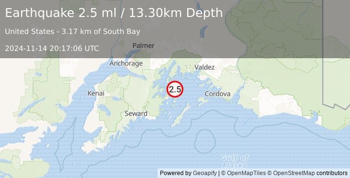 Earthquake 56 km ESE of Whittier, Alaska (2.5 ml) (2024-11-14 20:17:06 UTC)