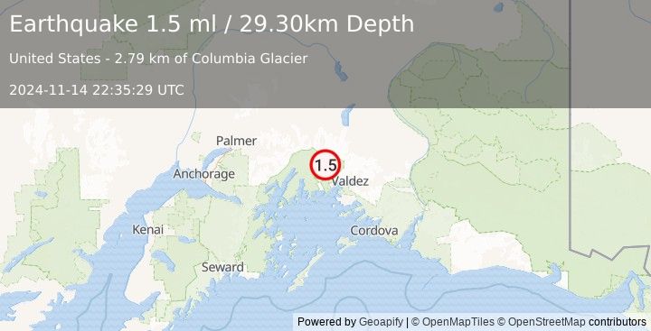 Earthquake 37 km WNW of Valdez, Alaska (1.5 ml) (2024-11-14 22:35:29 UTC)