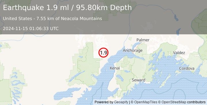 Earthquake 53 km W of Tyonek, Alaska (1.9 ml) (2024-11-15 01:06:33 UTC)