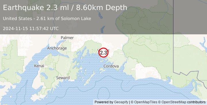 Earthquake 9 km S of Valdez, Alaska (2.3 ml) (2024-11-15 11:57:42 UTC)