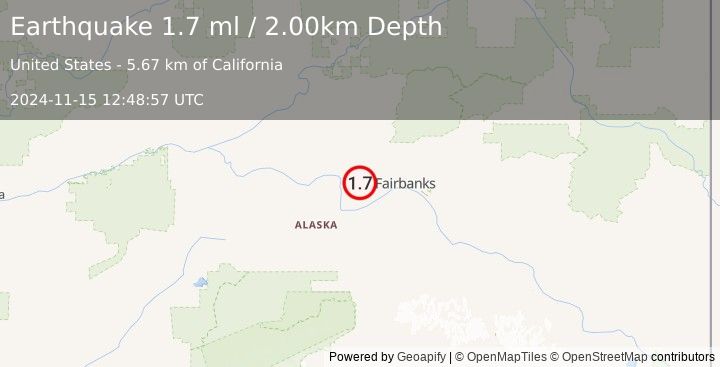 Earthquake 32 km NE of Four Mile Road, Alaska (1.7 ml) (2024-11-15 12:48:57 UTC)