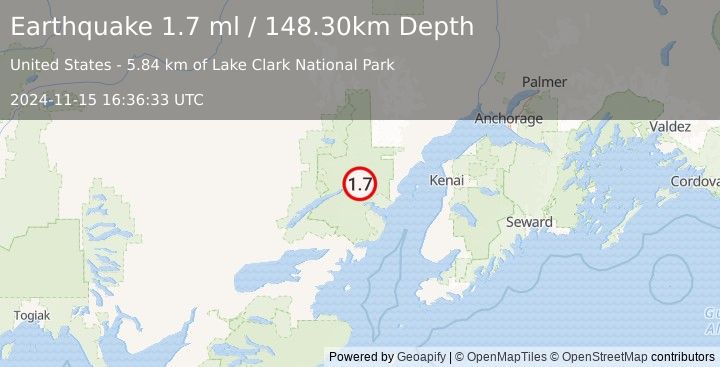 Earthquake 72 km ENE of Port Alsworth, Alaska (1.7 ml) (2024-11-15 16:36:33 UTC)