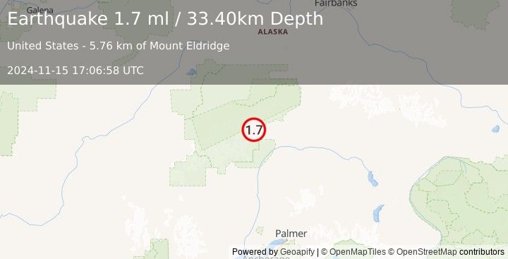 Earthquake 71 km NNE of Petersville, Alaska (1.7 ml) (2024-11-15 17:06:58 UTC)