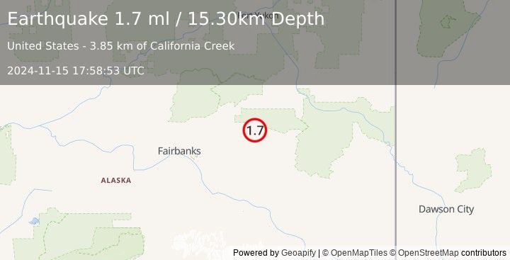 Earthquake 57 km SSW of Central, Alaska (1.7 ml) (2024-11-15 17:58:53 UTC)