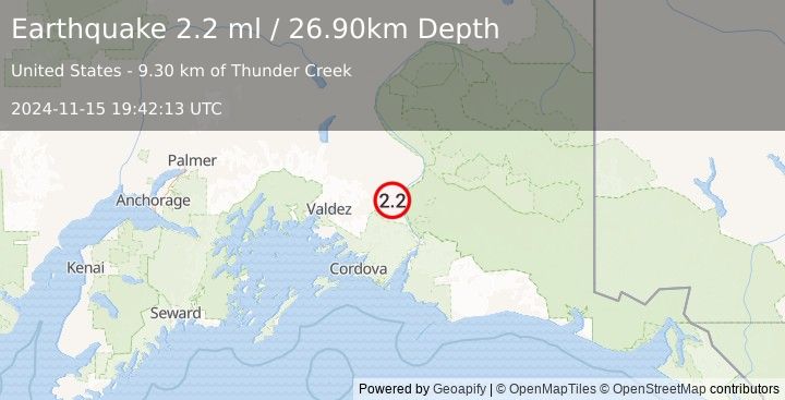 Earthquake 47 km SW of Chitina, Alaska (2.2 ml) (2024-11-15 19:42:13 UTC)