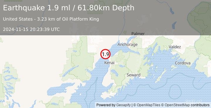 Earthquake 24 km NW of Nikiski, Alaska (1.9 ml) (2024-11-15 20:23:39 UTC)