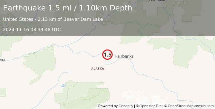 Earthquake 32 km NNE of Four Mile Road, Alaska (1.5 ml) (2024-11-16 03:39:48 UTC)