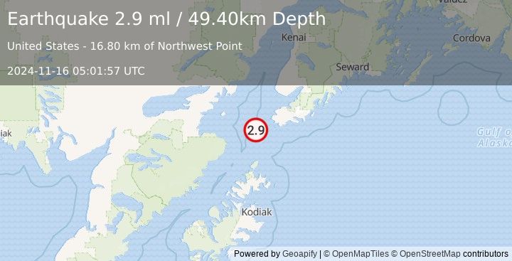 Earthquake 40 km SW of Nanwalek, Alaska (2.9 ml) (2024-11-16 05:01:57 UTC)