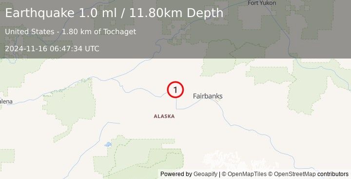 Earthquake 23 km SSE of Minto, Alaska (1.0 ml) (2024-11-16 06:47:34 UTC)