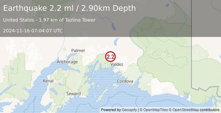 Earthquake 37 km NW of Valdez, Alaska (2.2 ml) (2024-11-16 07:04:07 UTC)