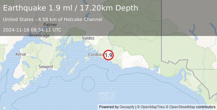 Earthquake 49 km E of Cordova, Alaska (1.9 ml) (2024-11-16 08:34:11 UTC)