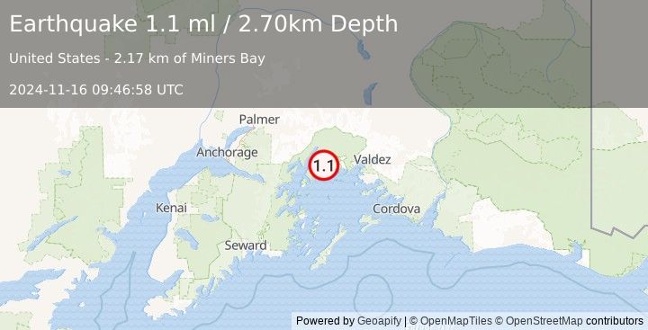 Earthquake 50 km WNW of Tatitlek, Alaska (1.1 ml) (2024-11-16 09:46:58 UTC)