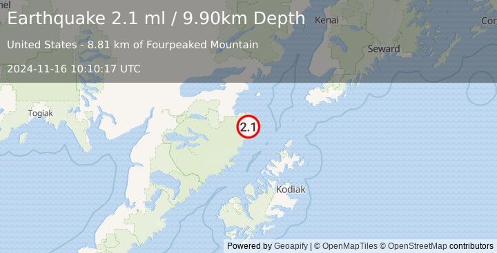 Earthquake 89 km SE of Kokhanok, Alaska (2.1 ml) (2024-11-16 10:10:17 UTC)