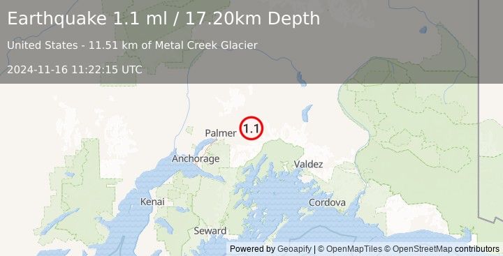 Earthquake 21 km SE of Chickaloon, Alaska (1.1 ml) (2024-11-16 11:22:15 UTC)