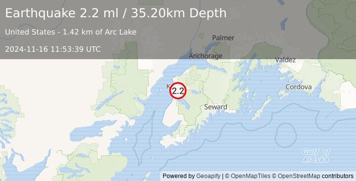 Earthquake 4 km SW of Soldotna, Alaska (2.2 ml) (2024-11-16 11:53:39 UTC)