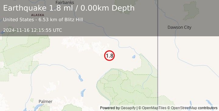 Earthquake 43 km NW of Mentasta Lake, Alaska (1.8 ml) (2024-11-16 12:15:55 UTC)