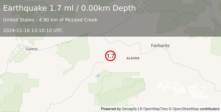 Earthquake 62 km SSW of Manley Hot Springs, Alaska (1.7 ml) (2024-11-16 13:10:10 UTC)