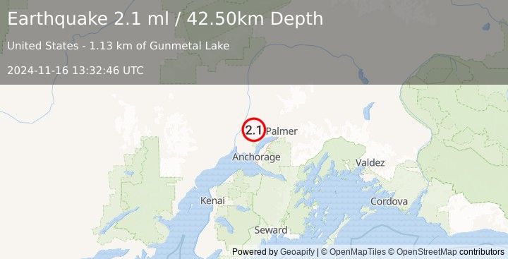 Earthquake 7 km W of Houston, Alaska (2.1 ml) (2024-11-16 13:32:46 UTC)