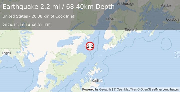 Earthquake 62 km W of Nanwalek, Alaska (2.2 ml) (2024-11-16 14:46:31 UTC)