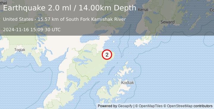 Earthquake 79 km SE of Kokhanok, Alaska (2.0 ml) (2024-11-16 15:09:30 UTC)