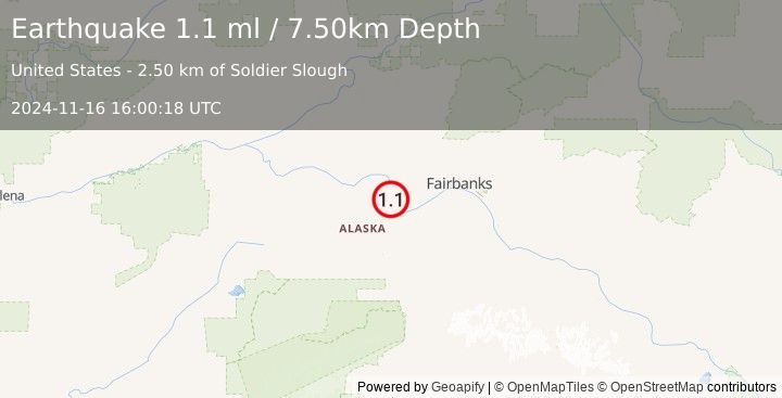 Earthquake 10 km N of Four Mile Road, Alaska (1.1 ml) (2024-11-16 16:00:18 UTC)